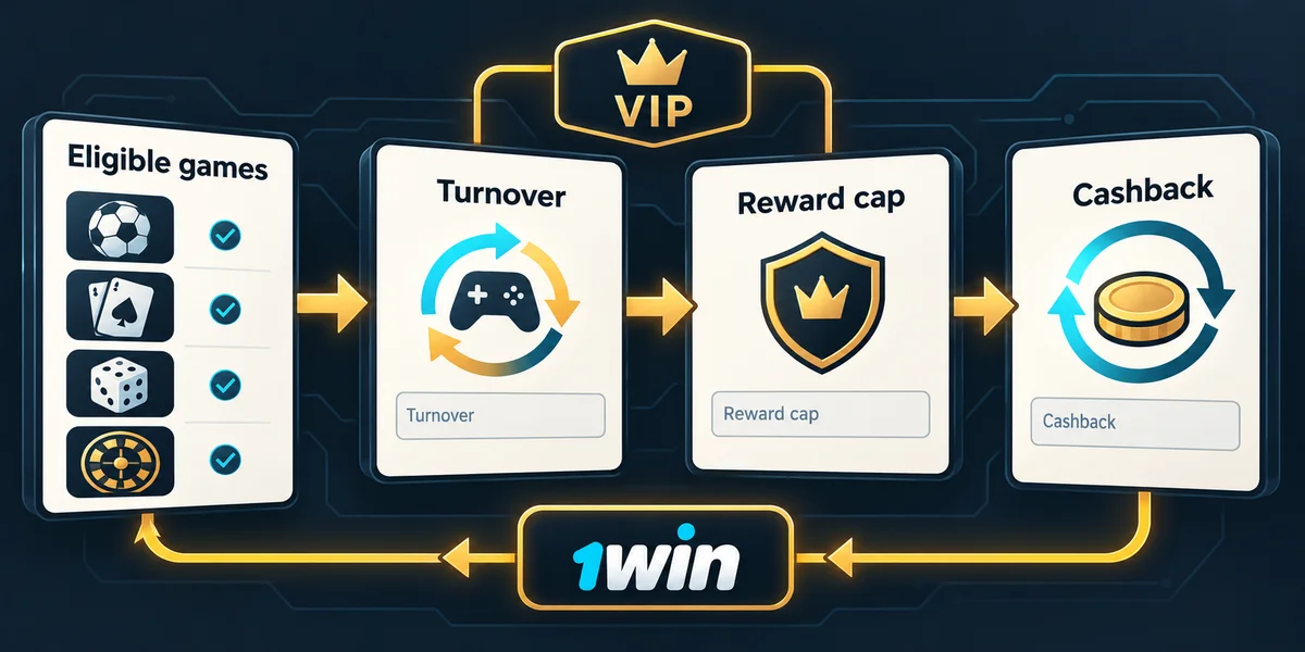 Editorial illustration: 1win Cashback and VIP: Eligible Games, Caps and Expected Reward