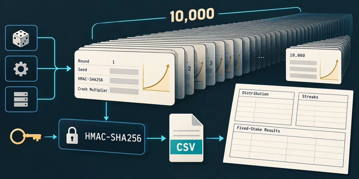 Editorial illustration: 10,000 Simulated Crash Rounds: Distribution, Streaks and Fixed-Stake Results