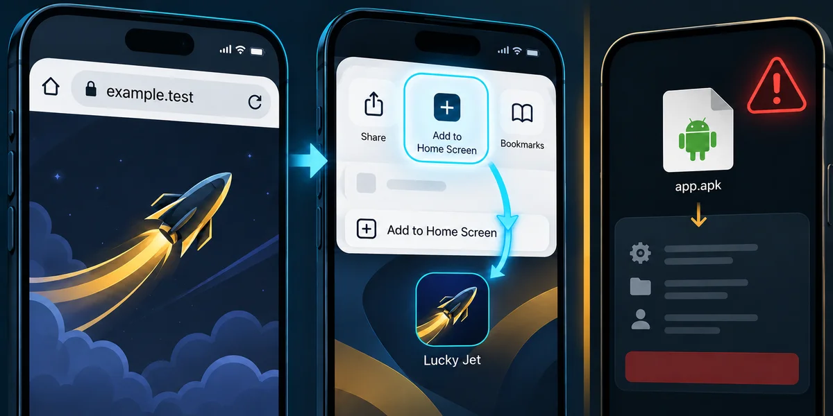Editorial illustration: Lucky Jet on Android and iPhone: Web Access, Home-Screen Apps and Package Checks