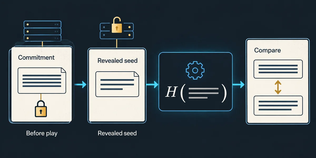 Editorial illustration: Provably Fair Explained: Commitments, Hashes and Verification Limits