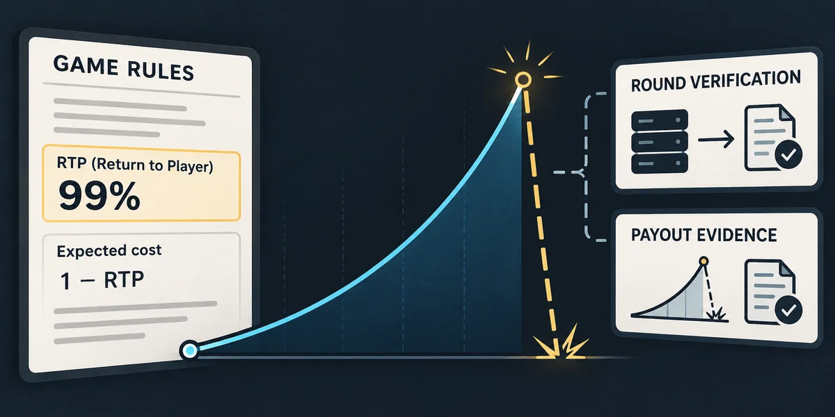 Editorial illustration: Stake Crash: Published 99% RTP, Expected Cost and Verification Scope