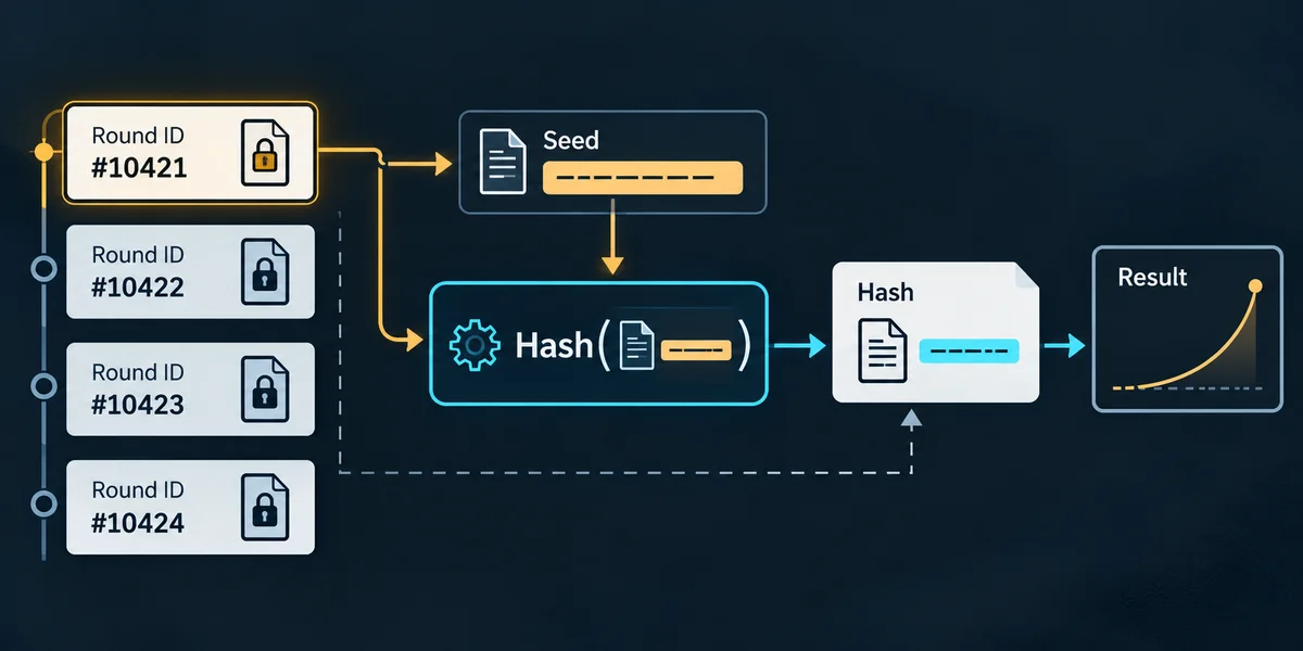 Editorial illustration: How to Verify Provably Fair Crash Rounds: Hashes, RTP and Network Evidence